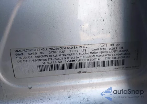 2009 Volkswagen Jetta Se from USA, damaged, VIN 3VWRM71K29M153216